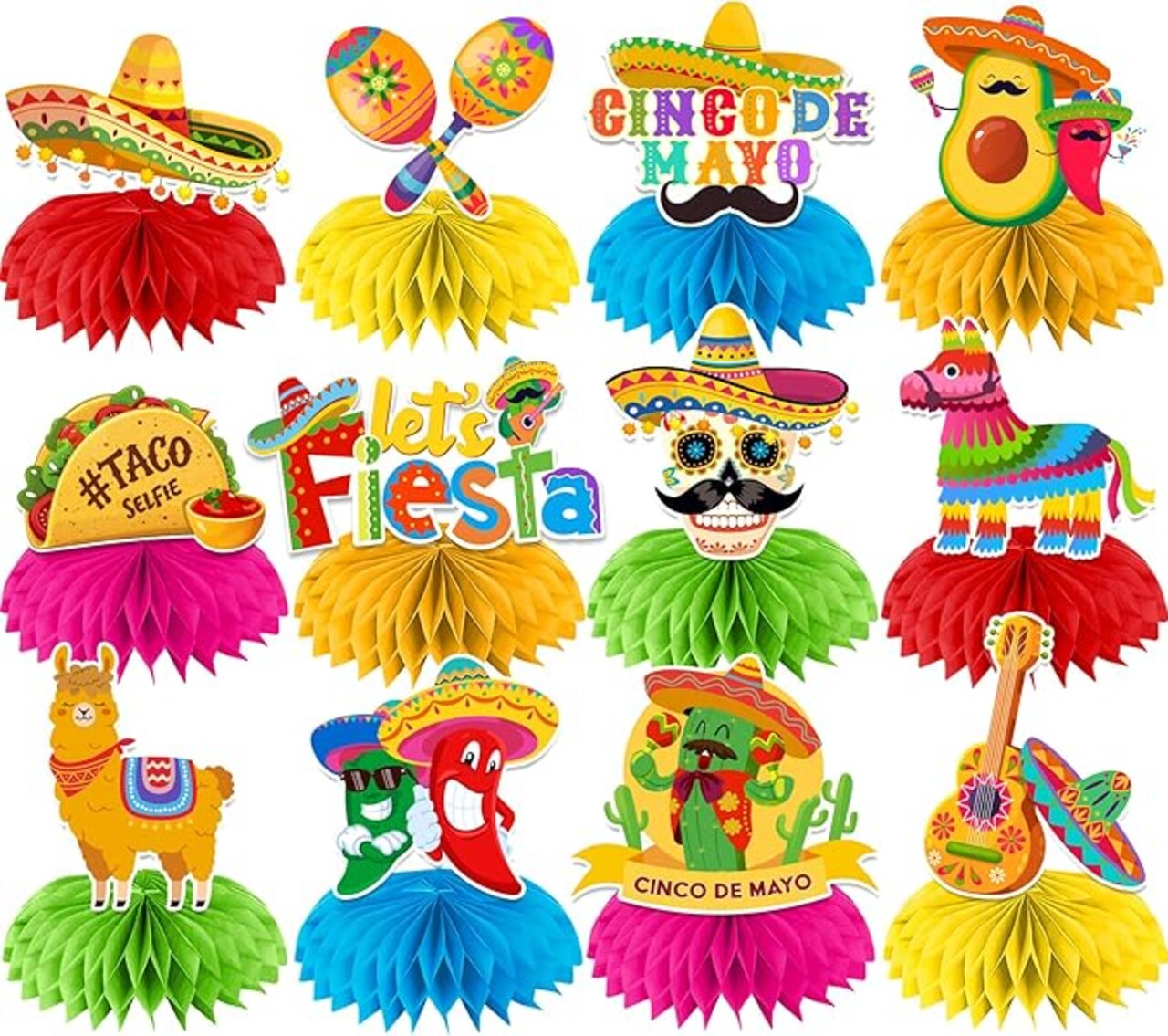Cinco De Mayo Decorations Honeycomb Centepieces, 12Pcs Fiesta Mexican Themed Taco Table Decorations Mexican Centerpieces for Tables for Fiesta Mexican Cinco De Mayo Birthday Party Decorations